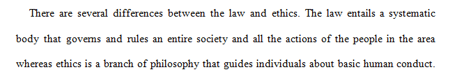 Discuss the difference between law and ethics