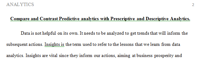 Compare and contrast predictive analytics with prescriptive and descriptive analytics.